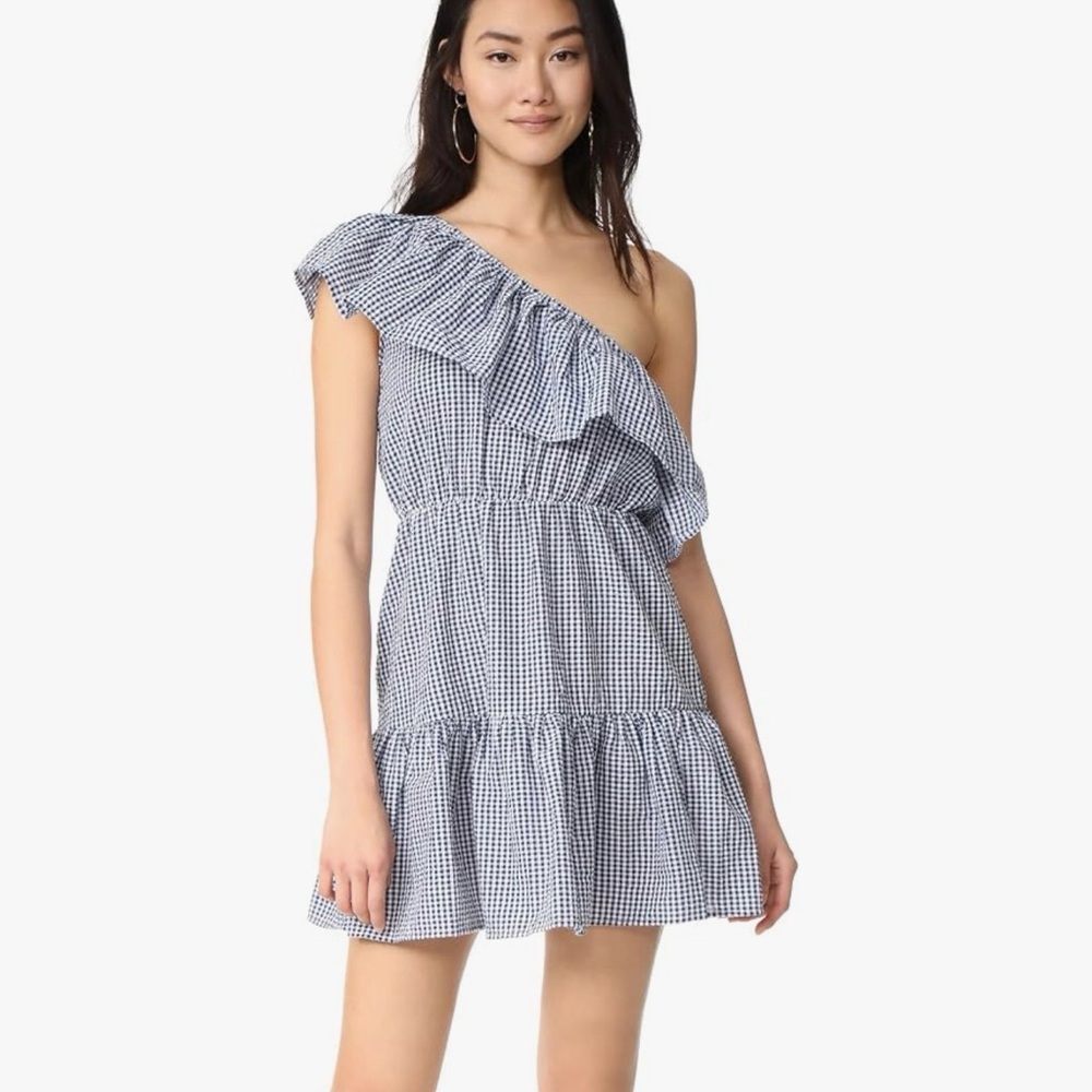 MINK PINK One-Shoulder Blue Gingham Ruffle Mini Dress